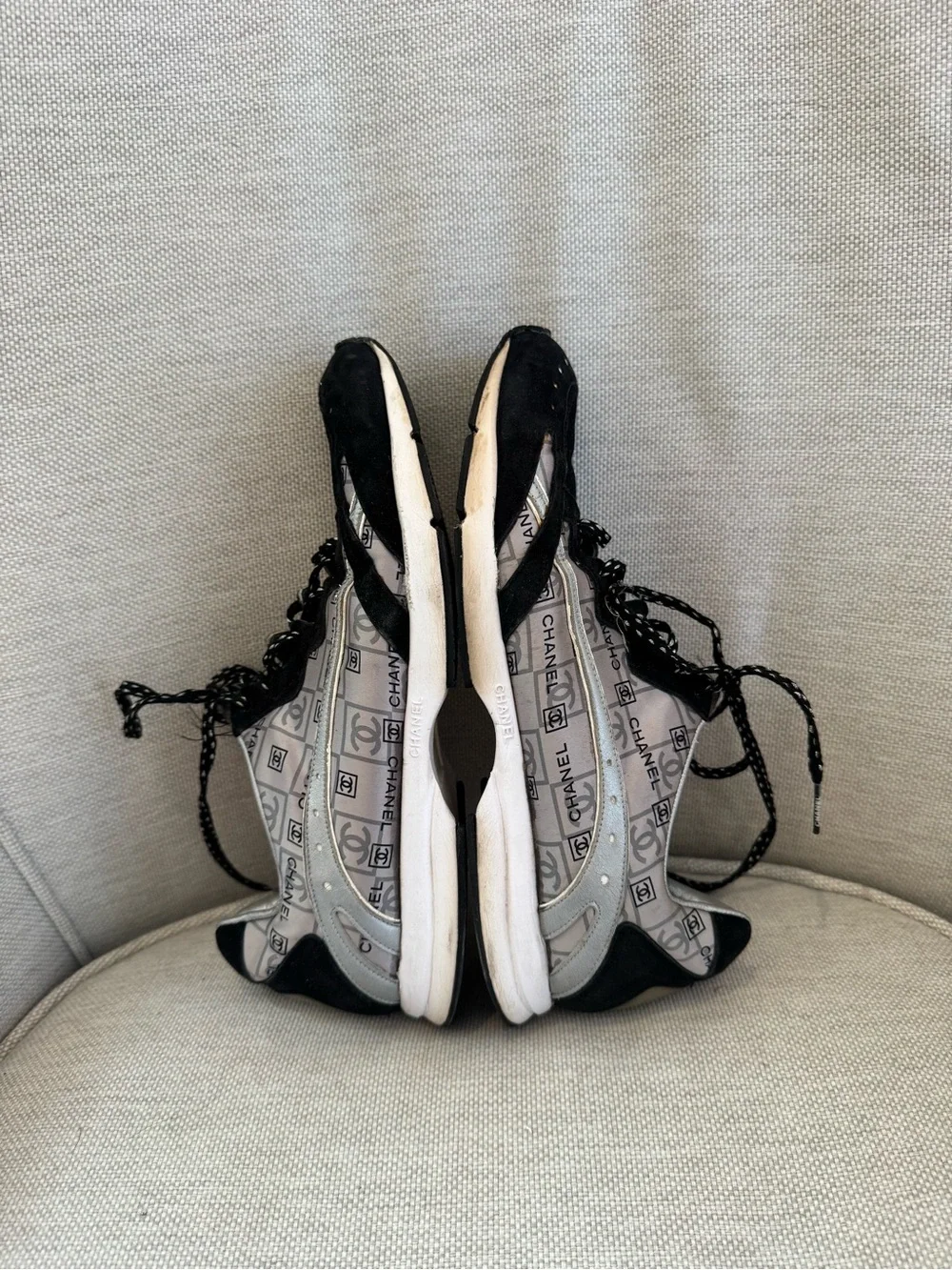 CHANEL Black & Silver Logo-Print Sneakers. Sz 39/9. Comes with dustbag